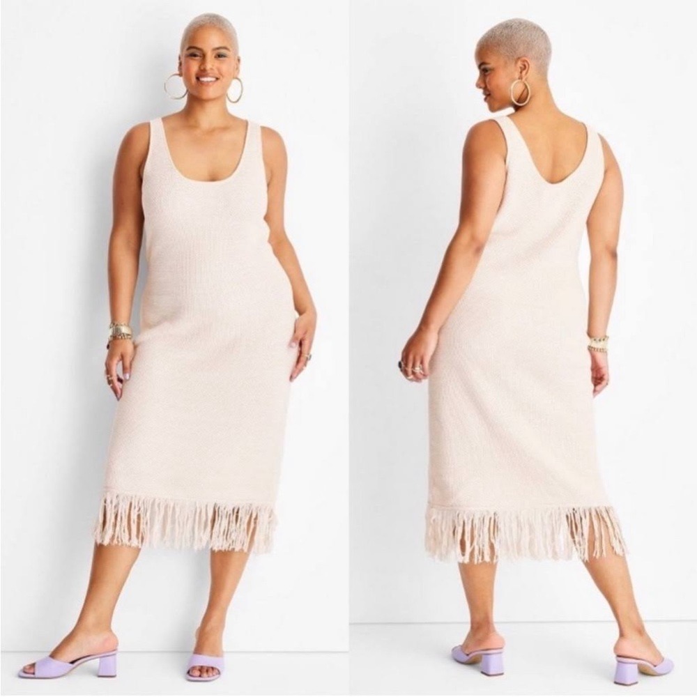 Future Collective Alani Noelle Knit Midi Dress Women 1X Cream Fringe Boho‎ Tank